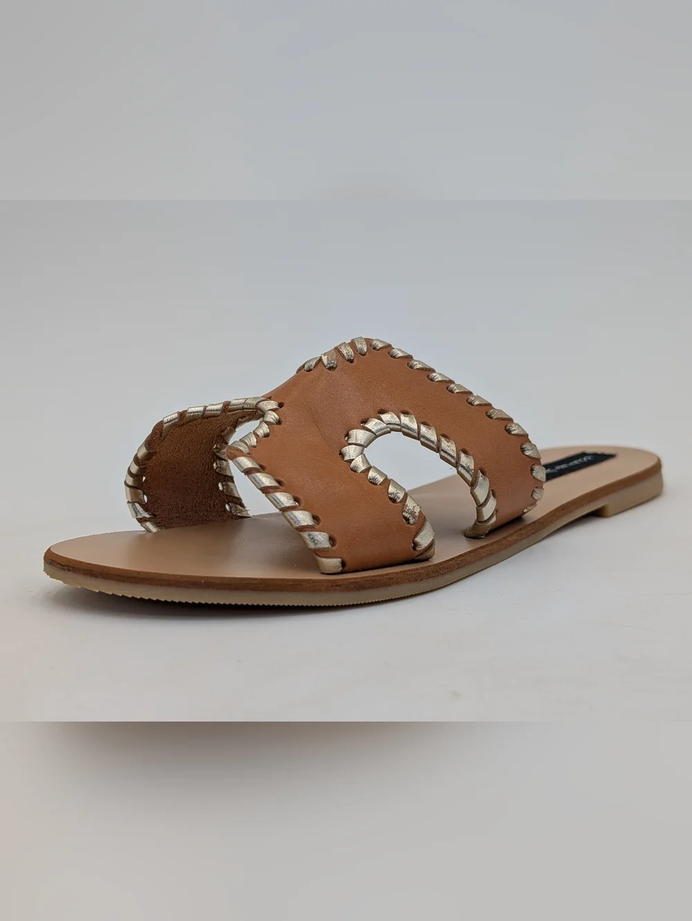 Steve Madden Greece Size 7 Genuine Leather Cognac Silver Metallic-Accent Flats